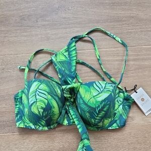 Shade & Shore Green Tropical Leaf Bandeau Bikini Top with Tie